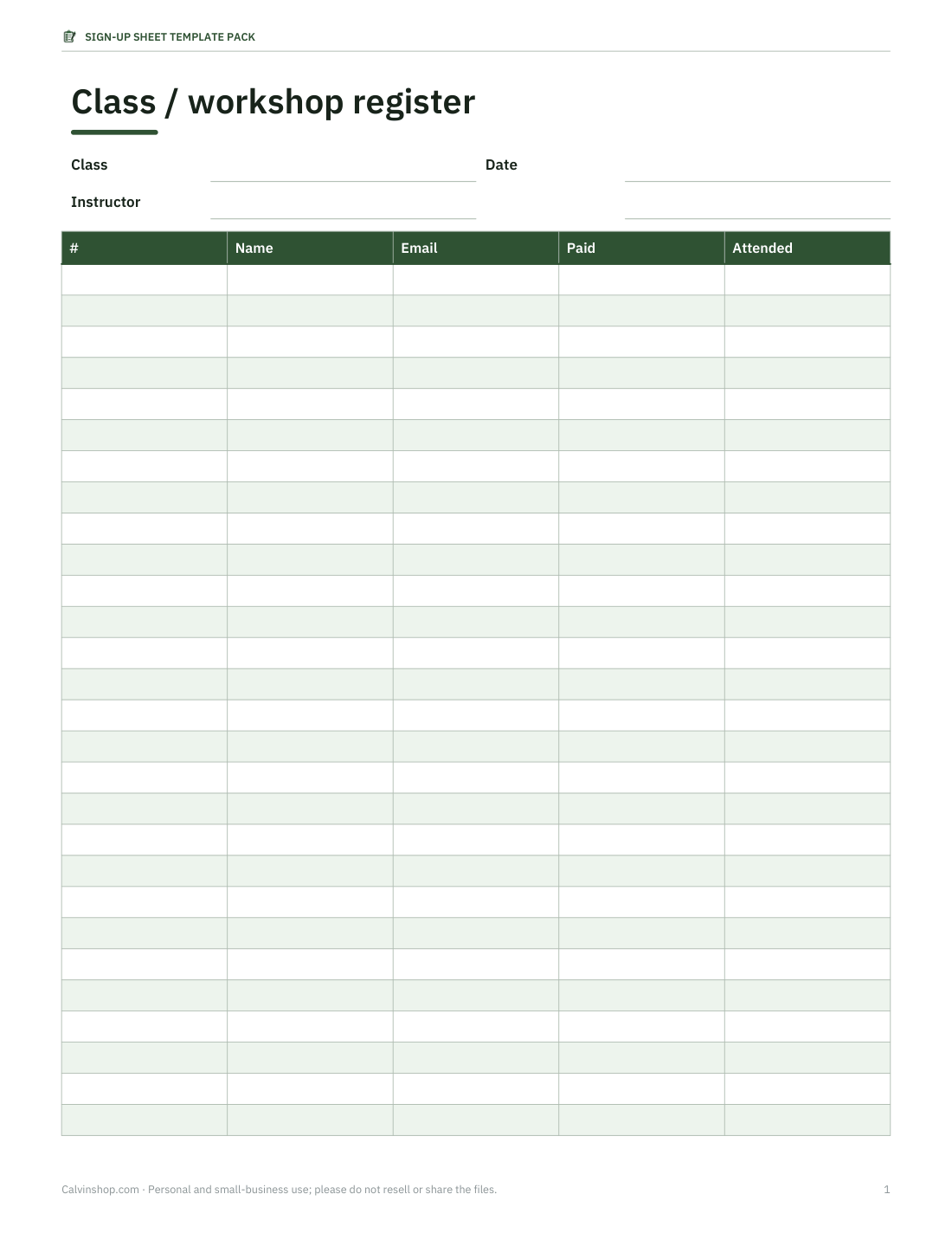 Preview of the first page of Class register